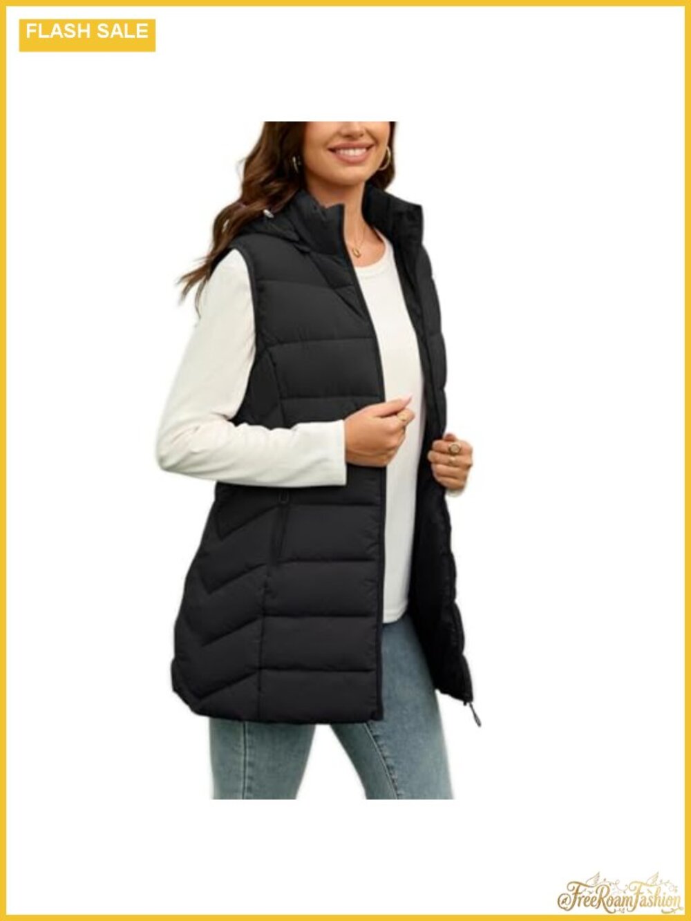 Fleece-Lined Long Puffer Vest with Hood Sleeveless Winter Warm